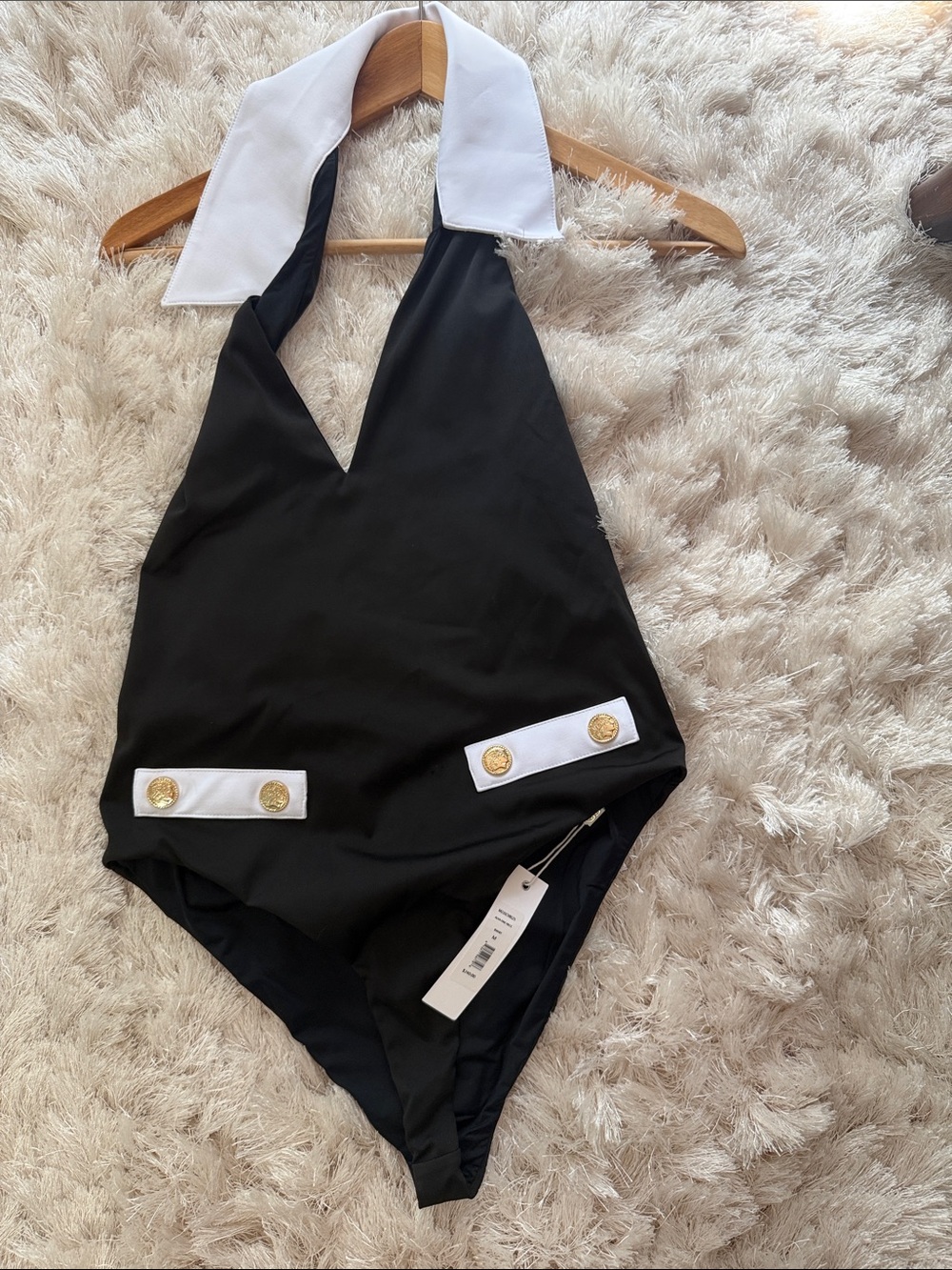 Caroline Constas Black and White Halter One-Piece Swimsuit